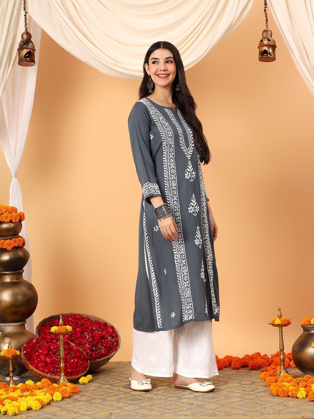 GoSriKi Women's Viscose Straight Embroidered Kurta - Image 3