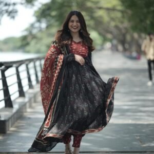 GoSriKi Women's Rayon Viscose Anarkali Kurta Set with Pant and Dupatta