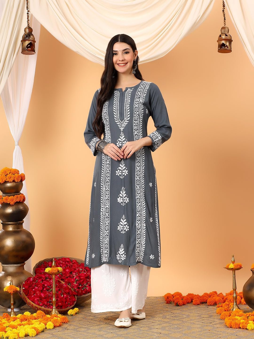 GoSriKi Women's Viscose Straight Embroidered Kurta