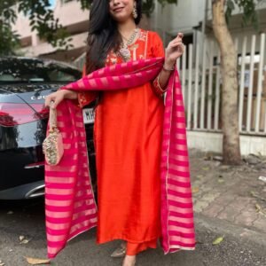 GoSriKi Women's Viscose Blend Embroidered Straight Kurta with Pant and Dupatta