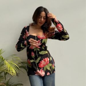 GoSriKi Women’s Viscose Blend Printed Short Kurti With Floral Design Square Neck