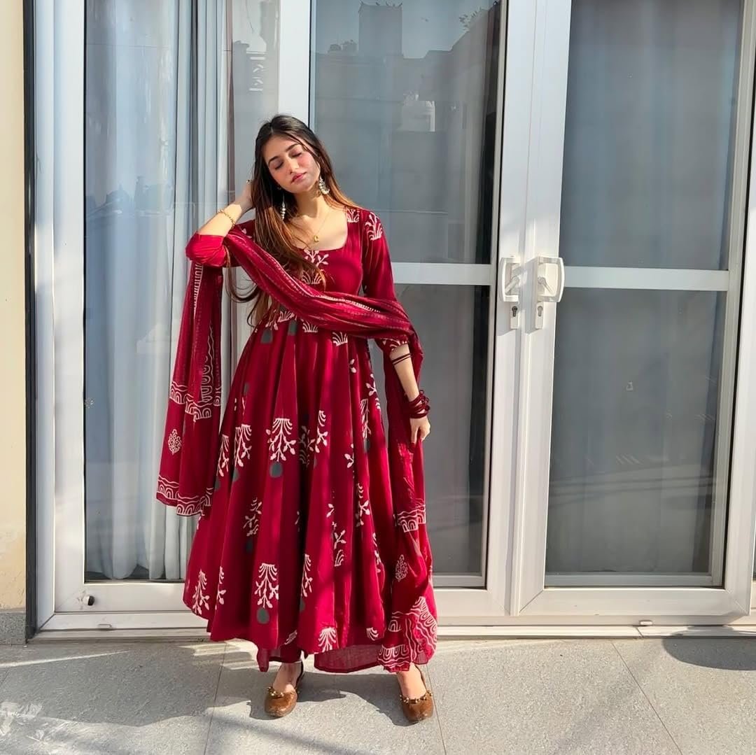 GoSriKi Women's Rayon Blend Anarkali Printed Kurta with Pant & Dupatta - Image 3