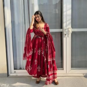 GoSriKi Women's Rayon Blend Anarkali Printed Kurta with Pant & Dupatta