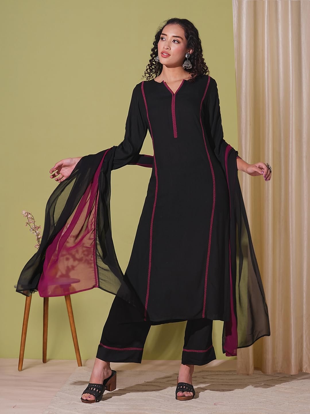 GoSriKi Women's Rayon Viscose Straight Solid Kurta with Pant & Dupatta - Image 3