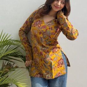 GoSriKi Short Kurti for Women Latest | Printed Kurti Top for Woman | Stylish Short Kurtas | Kurti with Jeans Styling | V Neck Ethnic Wear | Single Casual Design