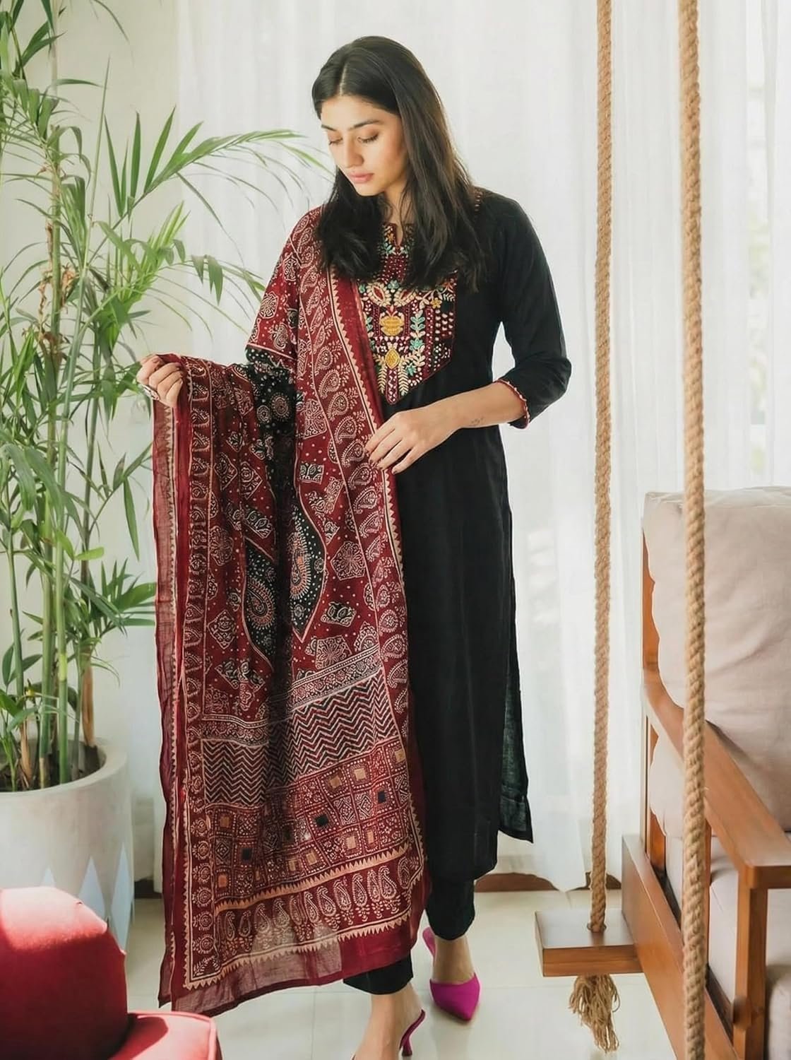 GoSriKi Women’s Rayon Viscose Embroidered Straight Kurta with Pant and Printed Dupatta Set - Image 4