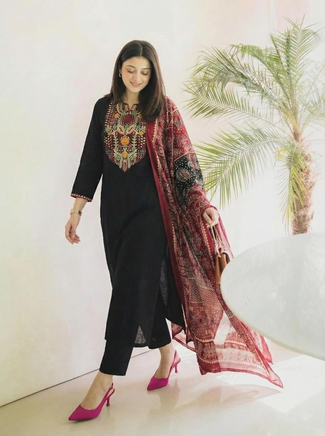 GoSriKi Women’s Rayon Viscose Embroidered Straight Kurta with Pant and Printed Dupatta Set - Image 3