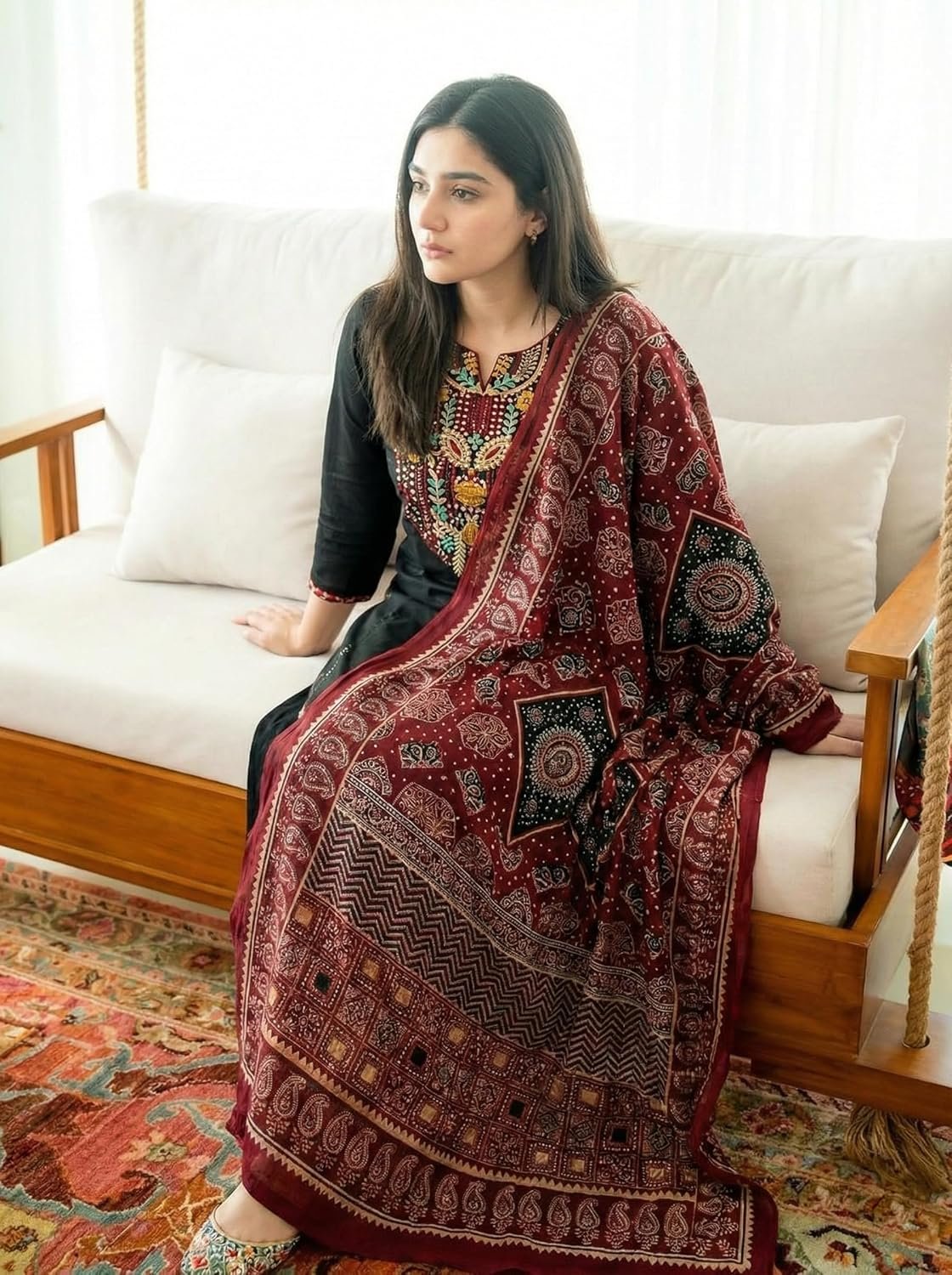 GoSriKi Women’s Rayon Viscose Embroidered Straight Kurta with Pant and Printed Dupatta Set - Image 6