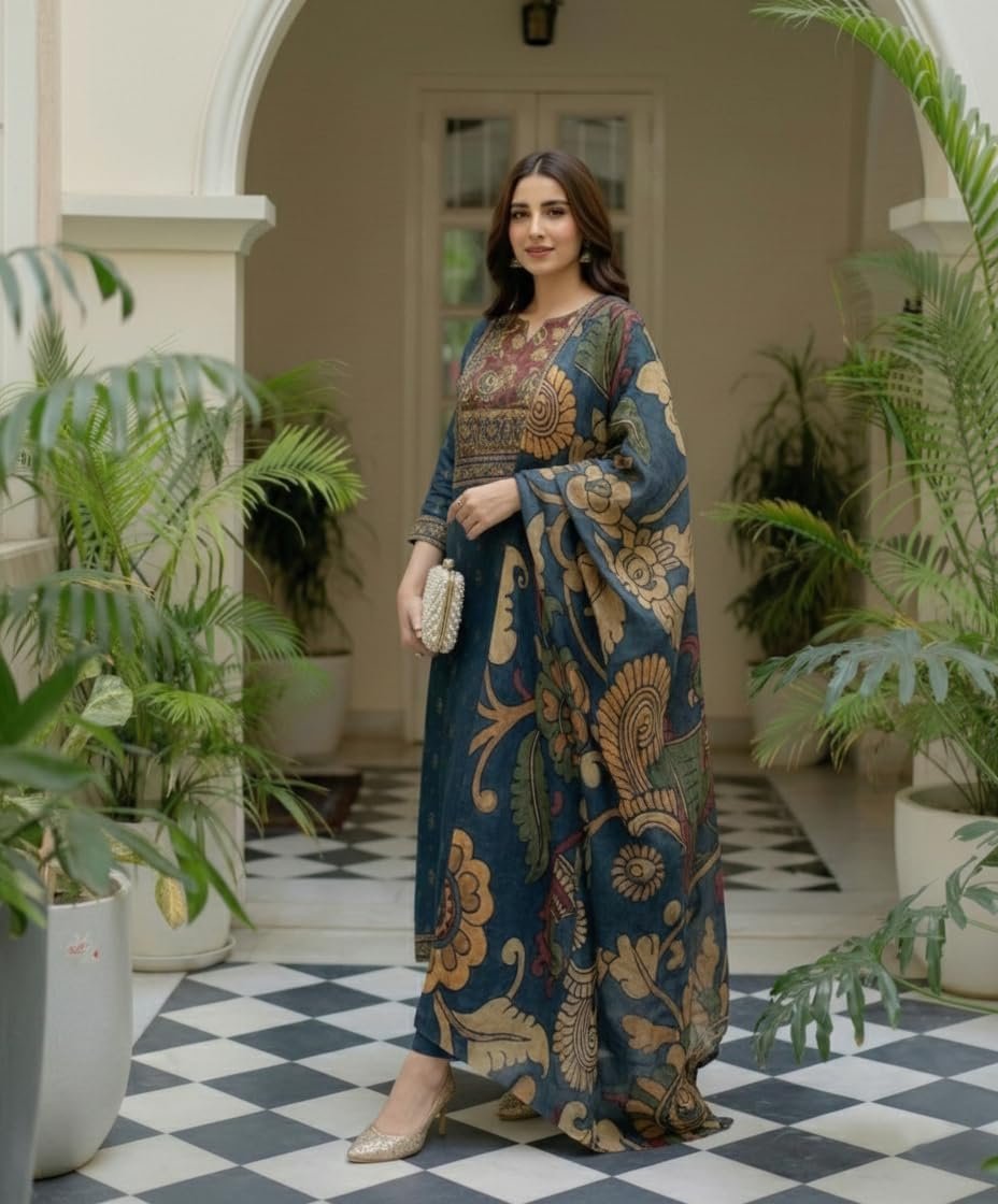 GoSriKi Women’s Viscose Blend Printed Straight Kurta with Pant & Dupatta - Image 4