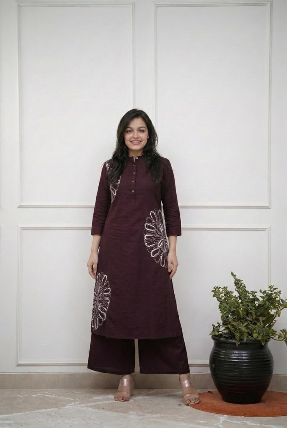 GoSriKi Cotton Blend Embroidered A-Line Kurta with Palazzo for Women - Image 3