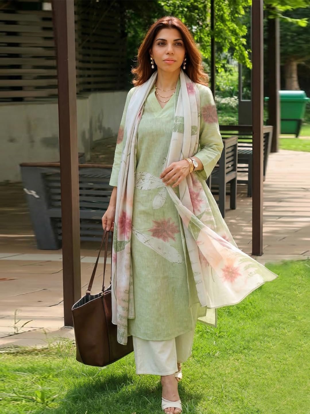 GoSriKi Women Cotton Blend Straight Fit Printed Kurta Pant Dupatta Set - Image 3