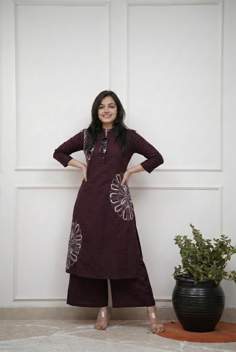 GoSriKi Cotton Blend Embroidered A-Line Kurta with Palazzo for Women - Image 4