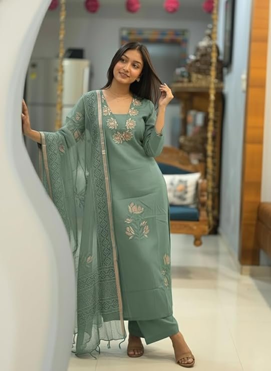 GoSriKi Viscose Embroidered Straight Kurta with Pant and Dupatta for Women - Image 3