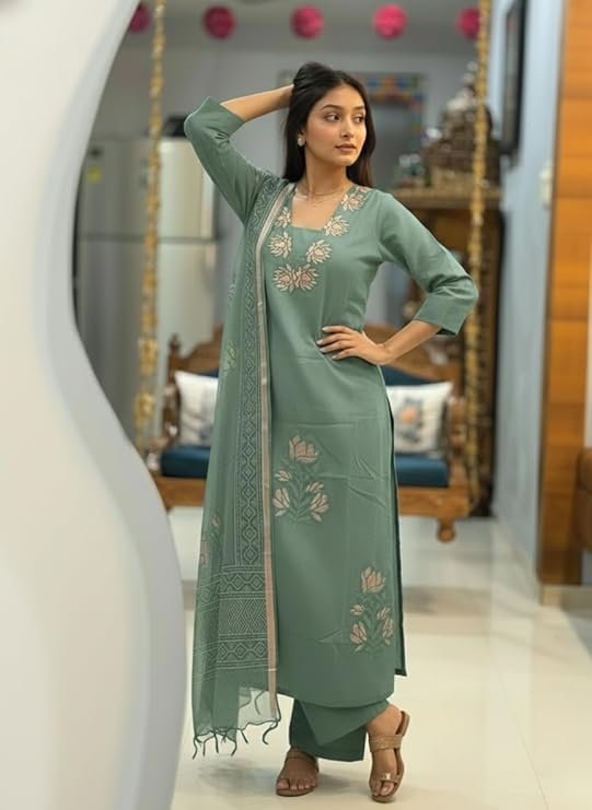 GoSriKi Viscose Embroidered Straight Kurta with Pant and Dupatta for Women - Image 5