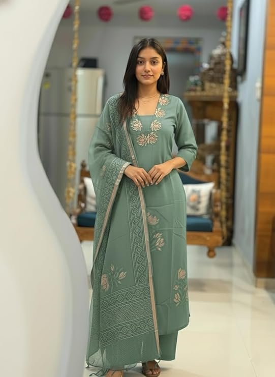 GoSriKi Viscose Embroidered Straight Kurta with Pant and Dupatta for Women - Image 4
